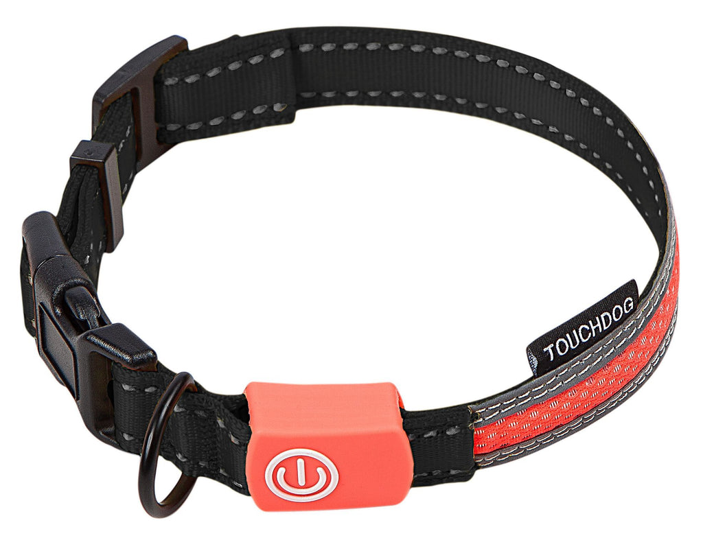 Black LED dog collar with red LED band and orange power button module
