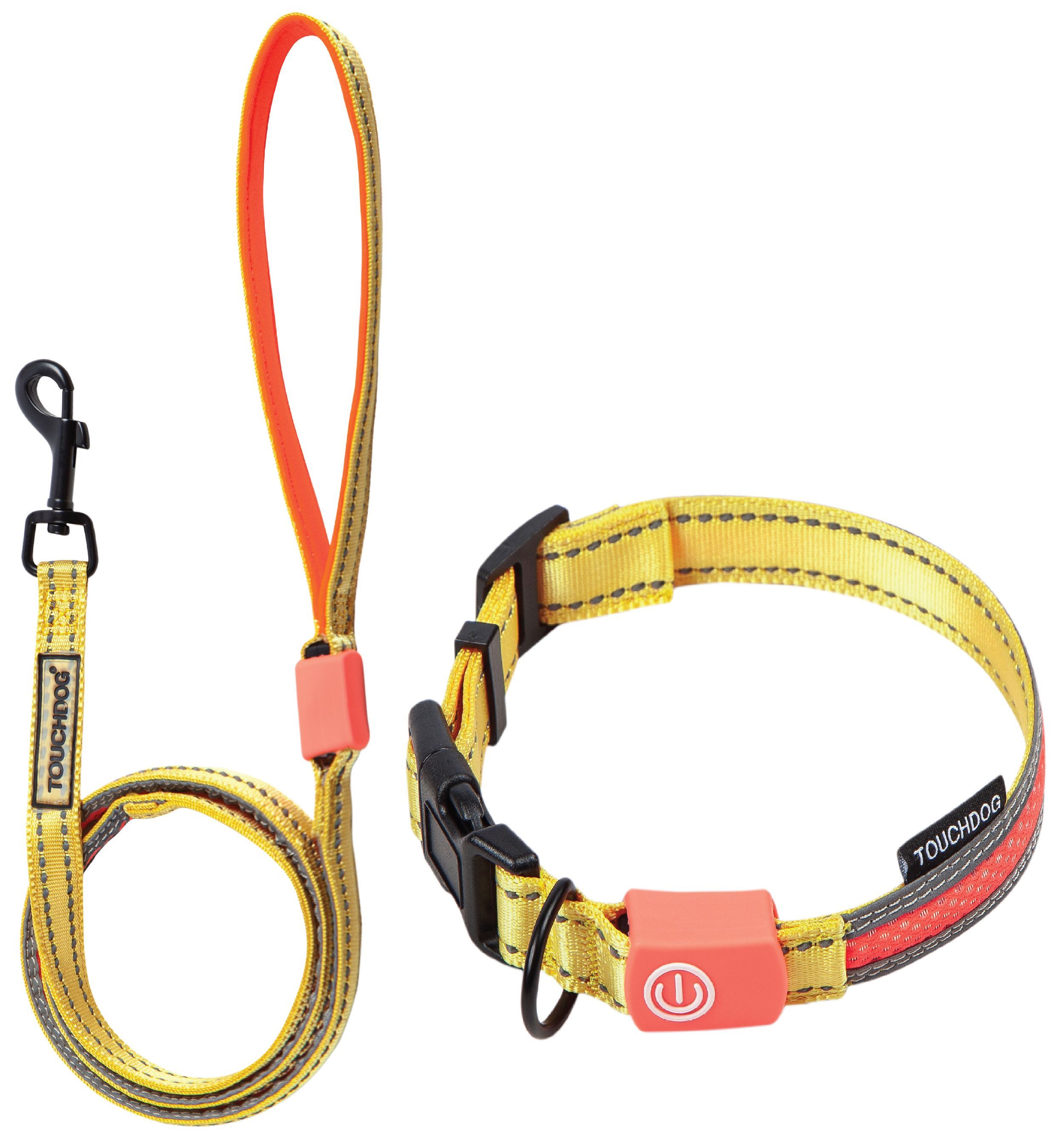 Yellow LED dog leash and collar set with orange glowing strap and orange power module