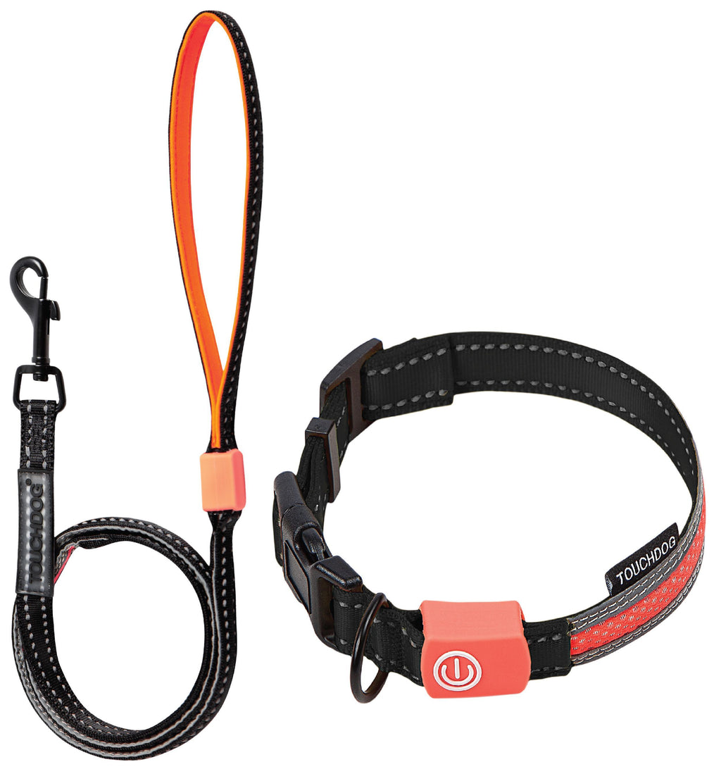 Black LED dog leash and collar set with orange glowing strap and orange power module