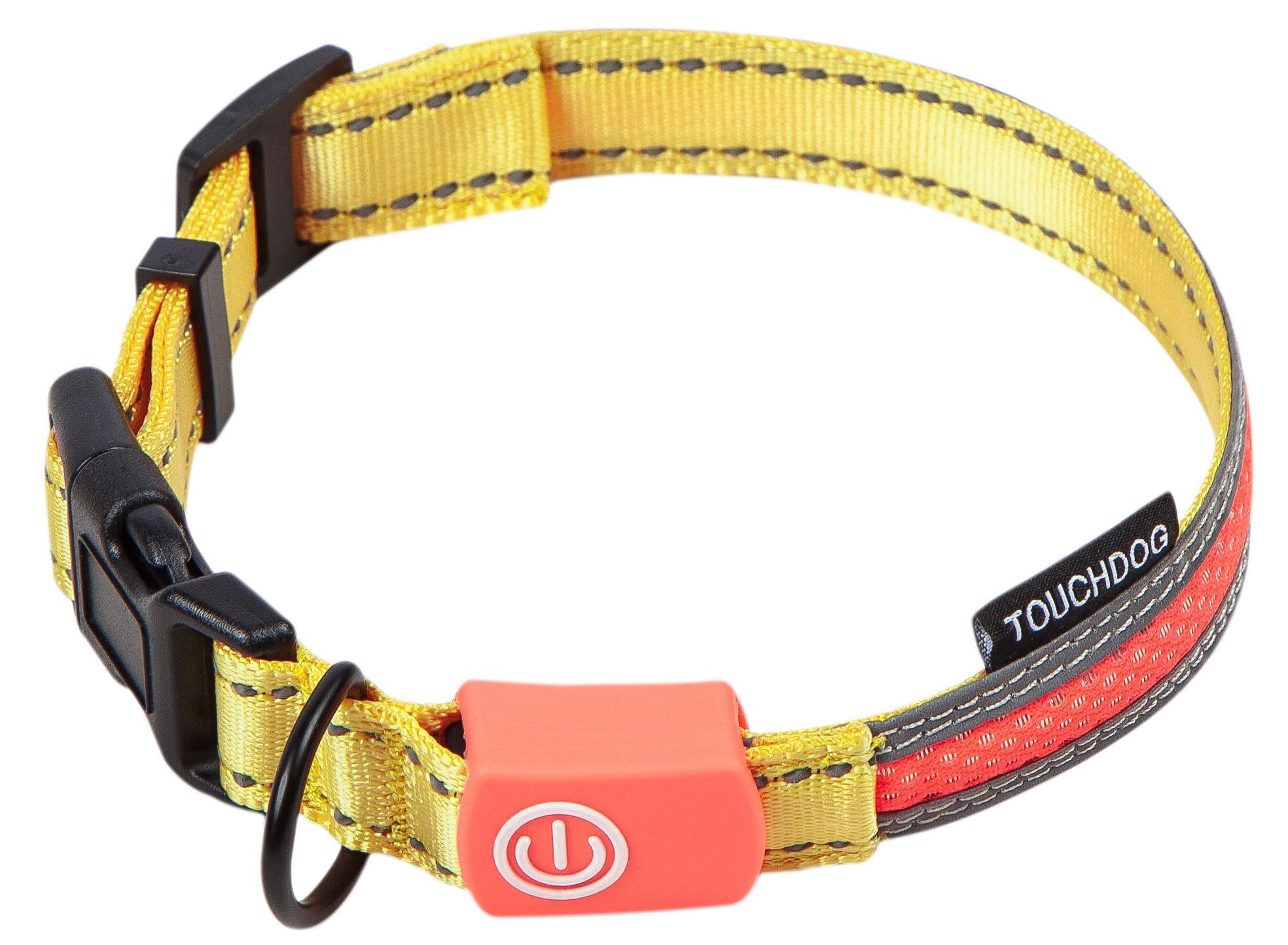 Yellow LED dog collar with red LED band and orange power button module