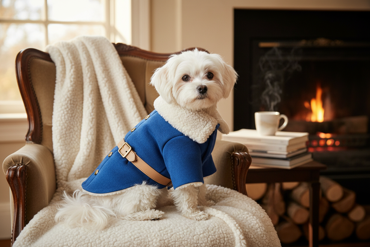 Blue dog coat with sherpa lining and buttoned trim