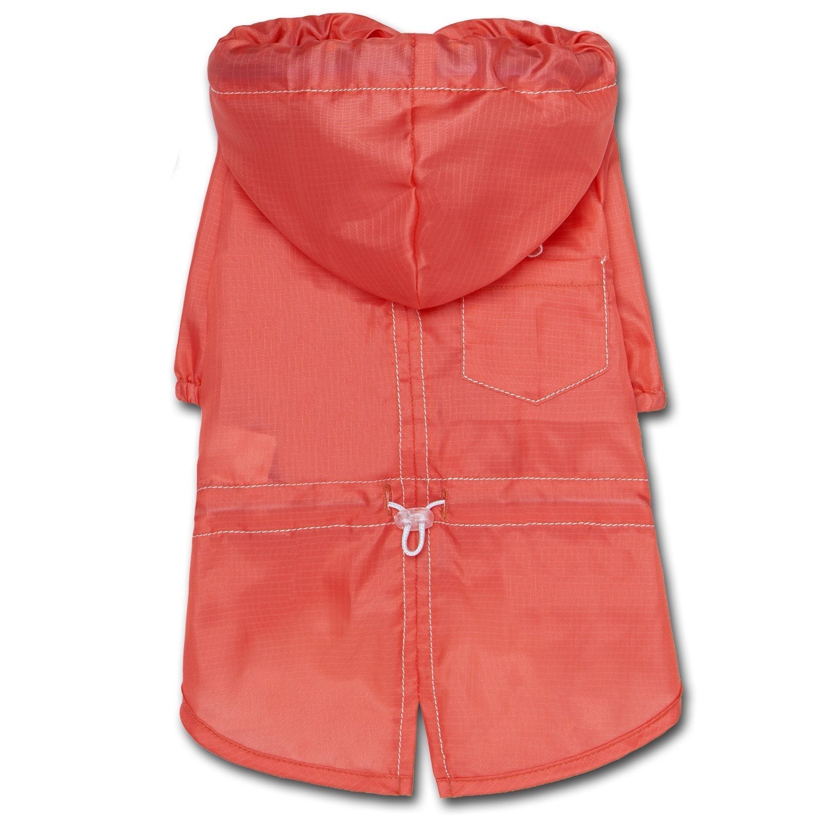 Red waterproof dog raincoat with hood and split-vent back panel, stitched details