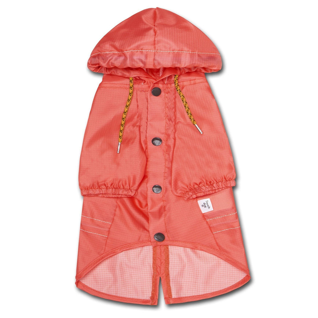 Red waterproof dog raincoat front view with hood, snap buttons, and split-vent hem
