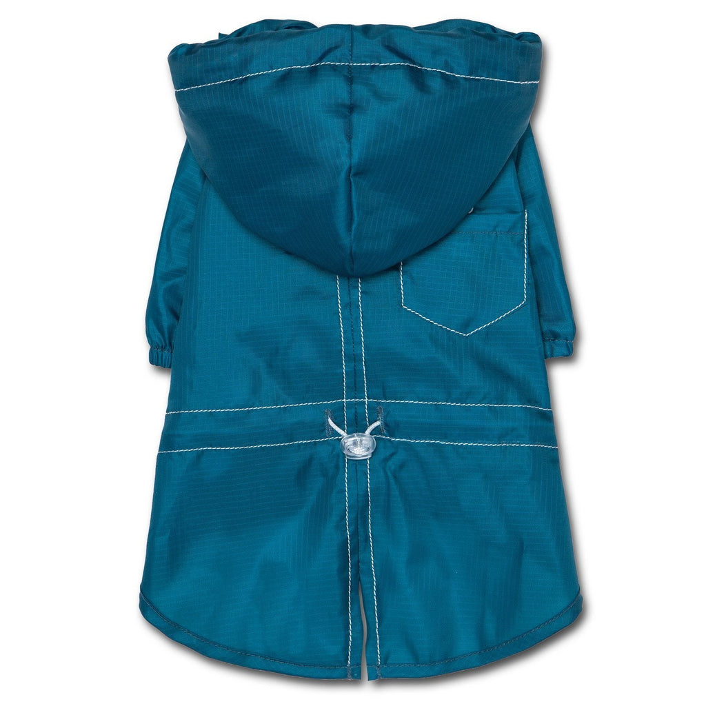 Blue waterproof dog raincoat with hood and split-vent back panel, stitched details