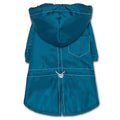 Blue waterproof dog raincoat with hood and split-vent back panel, stitched details