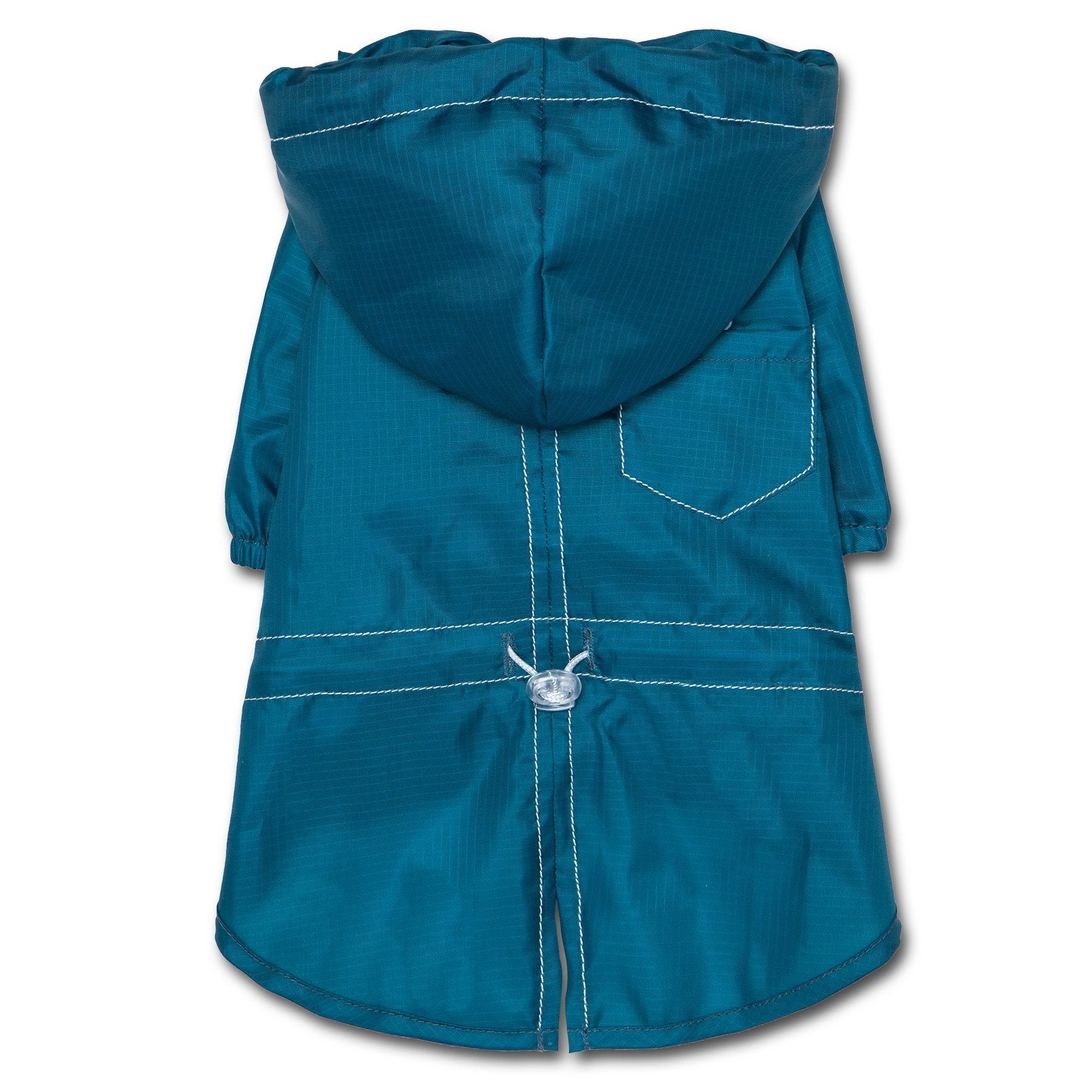 Blue waterproof dog raincoat with hood and split-vent back panel, stitched details