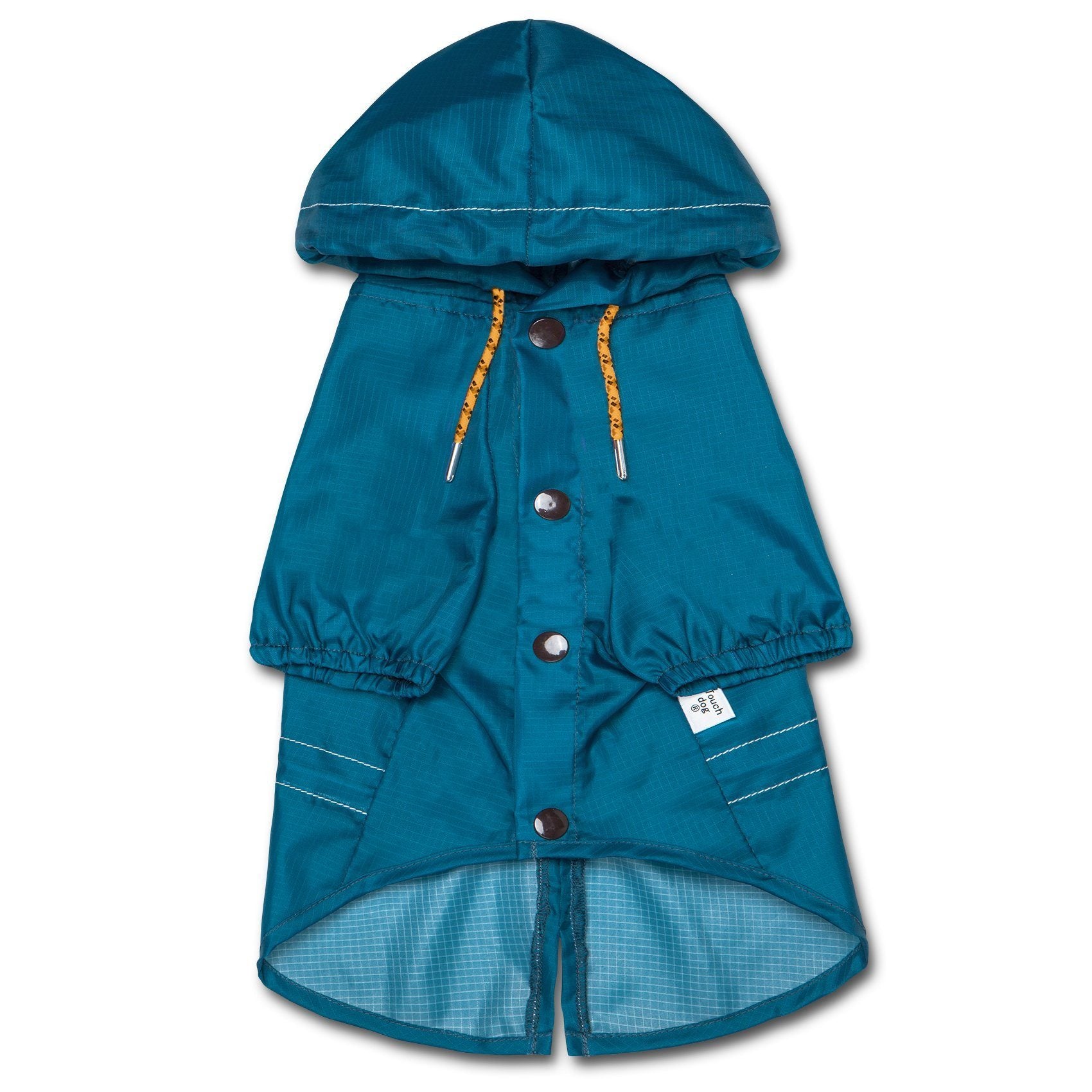 Blue waterproof dog raincoat front view with hood, snap buttons, and split-vent hem