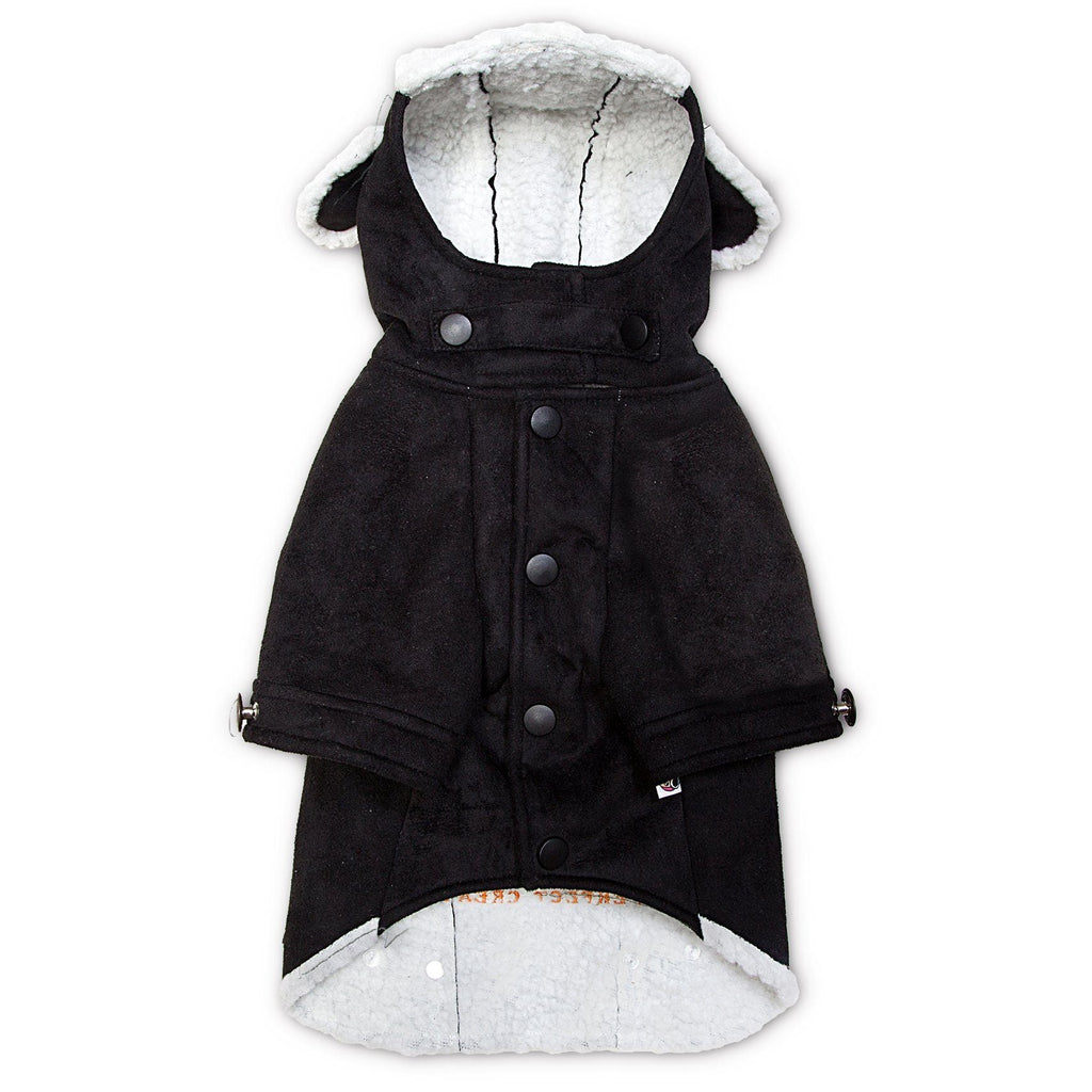 Black winter dog coat with sherpa-lined hood and central button placket, cuff snaps