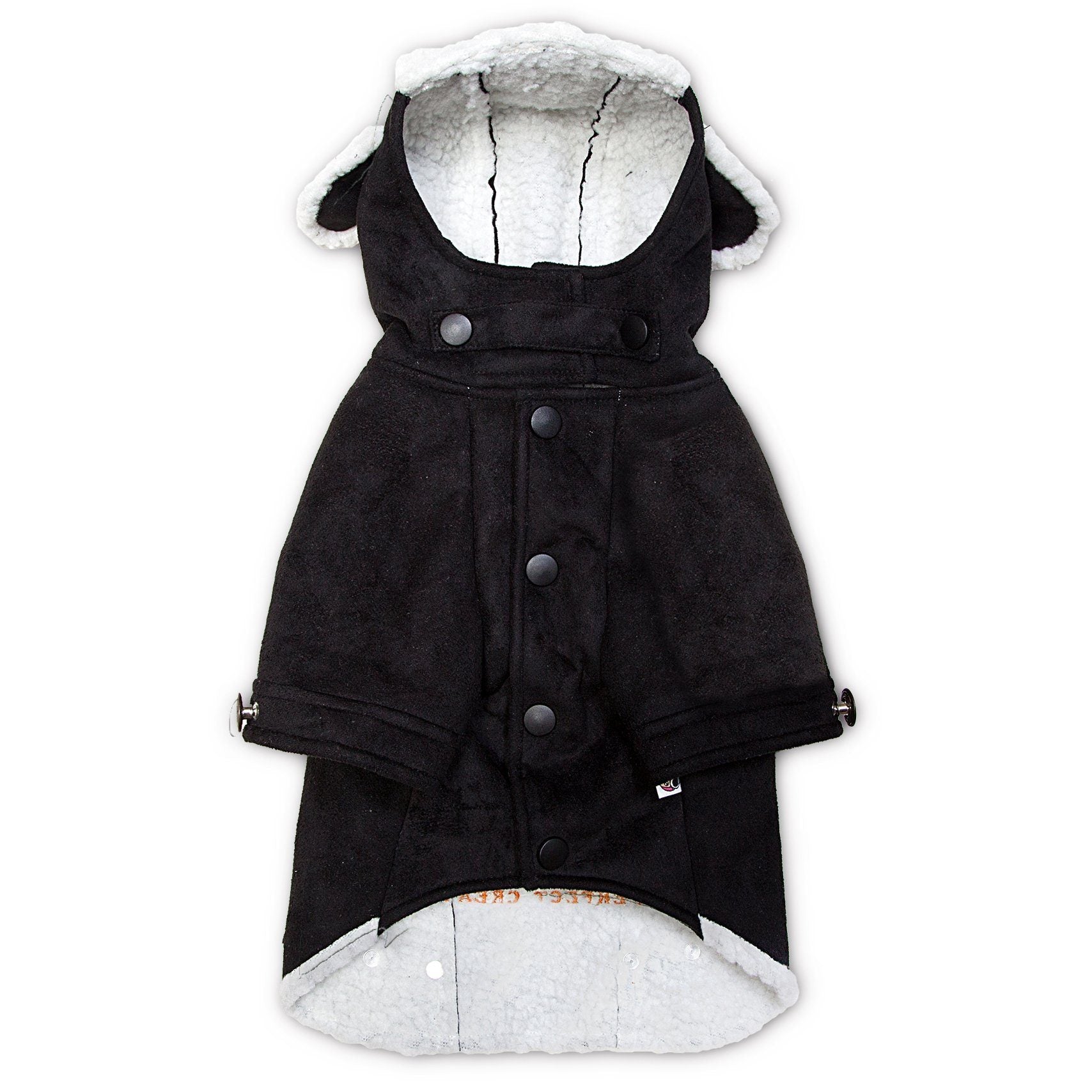 Black winter dog coat with sherpa-lined hood and central button placket, cuff snaps