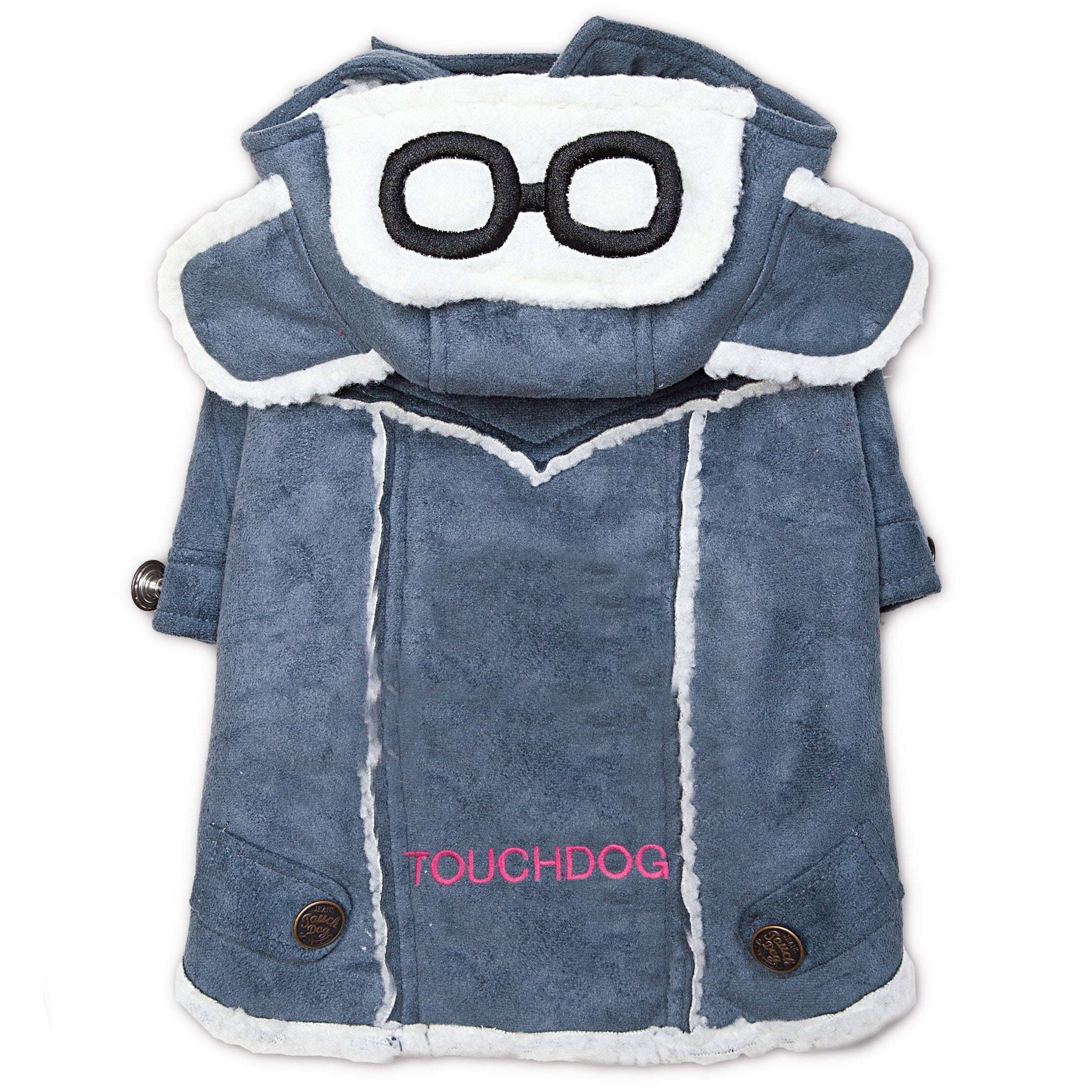 Blue winter dog coat with white goggles patch, sherpa trim and front button panels