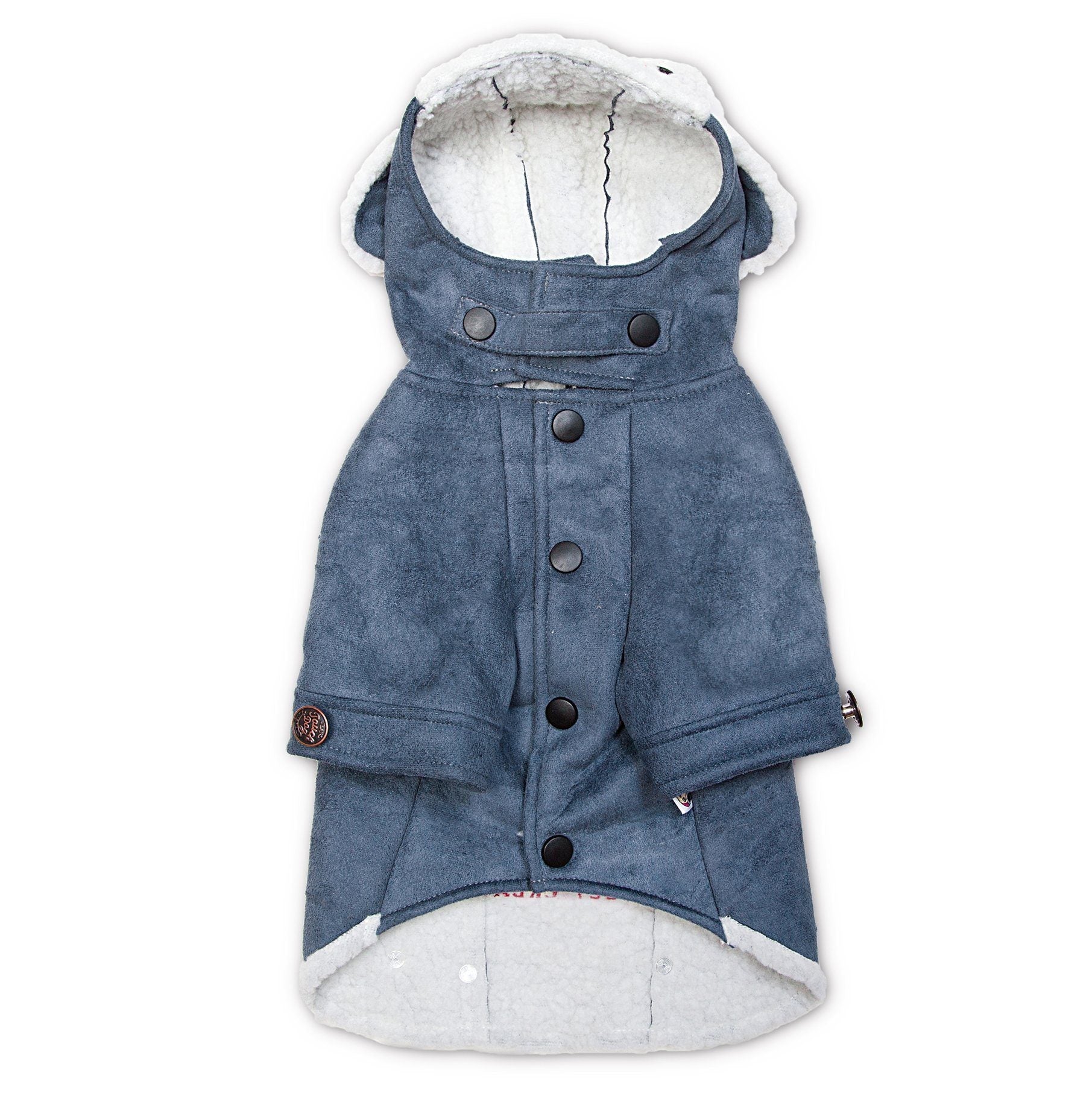 Blue winter dog coat with sherpa-lined hood, central button placket and side snaps