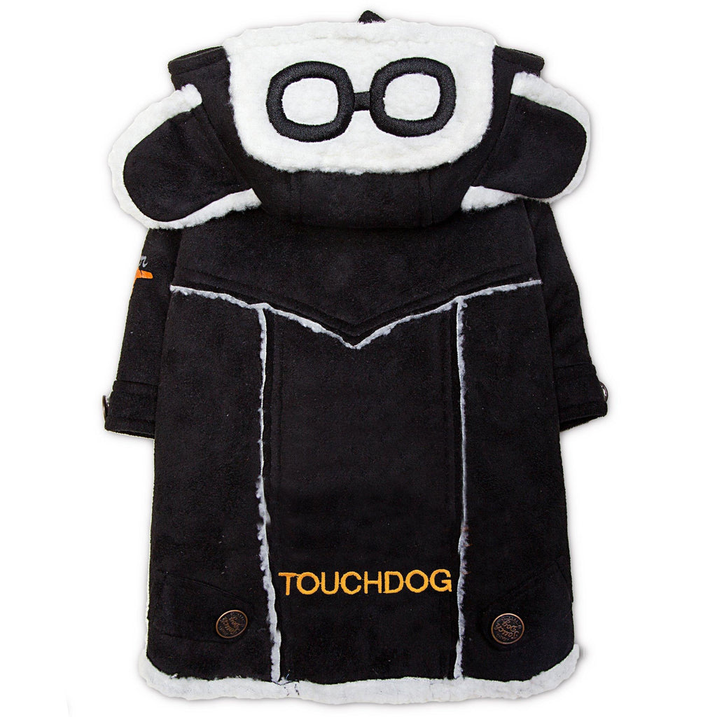 Black winter dog coat with white faux-fur hood, goggles patch, button front