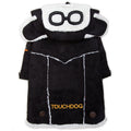 Black winter dog coat with white faux-fur hood, goggles patch, button front
