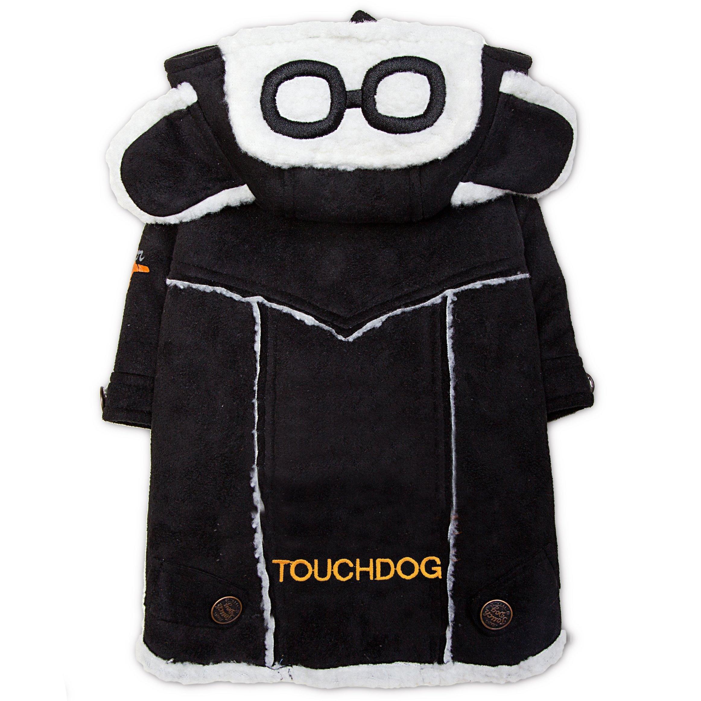 Black winter dog coat with white faux-fur hood, goggles patch, button front