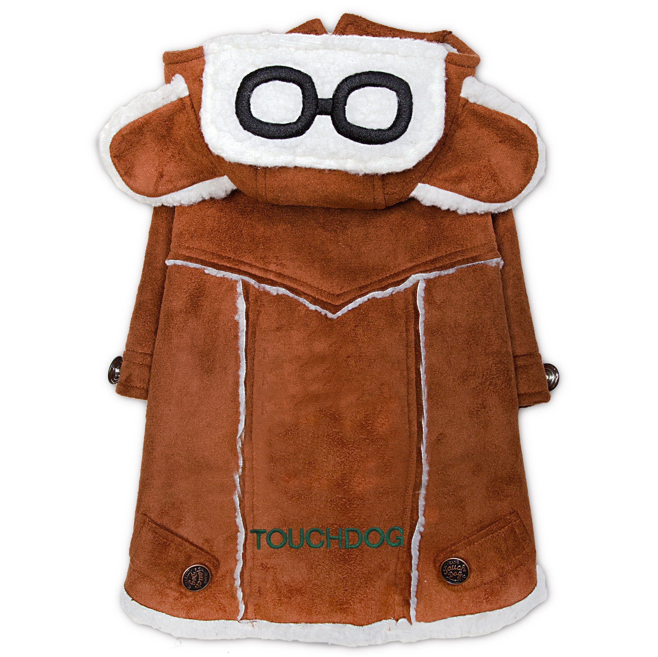 Brown winter dog coat with white goggles patch, sherpa lining, front panel stitching