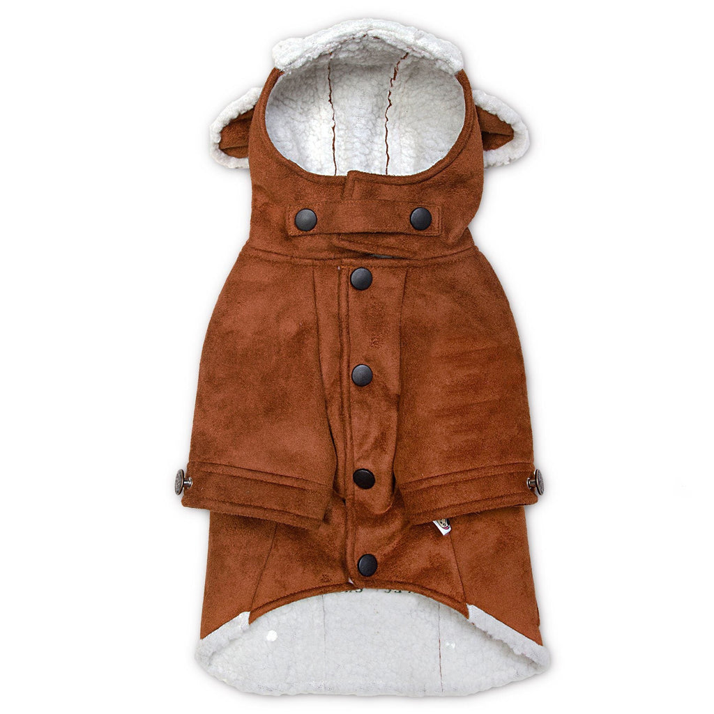 Brown winter dog coat with sherpa-lined hood, dark buttons and front toggle placket
