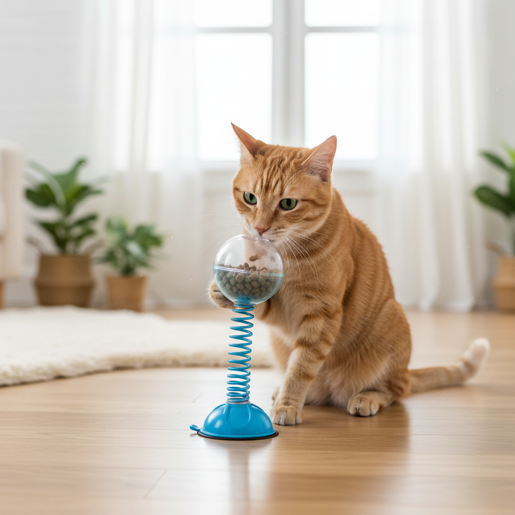 Blue 2-in-1 cat treat dispenser with spring stem and suction base, holding balls