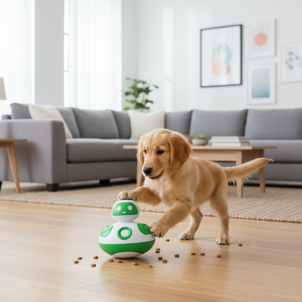 Green wobble treat-dispensing robot toy for cat-and-dog training play