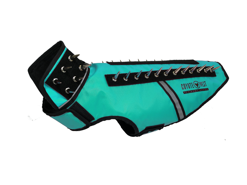 SpikeVest spiked vest with black side panels, turquoise body, and metal spike row on top