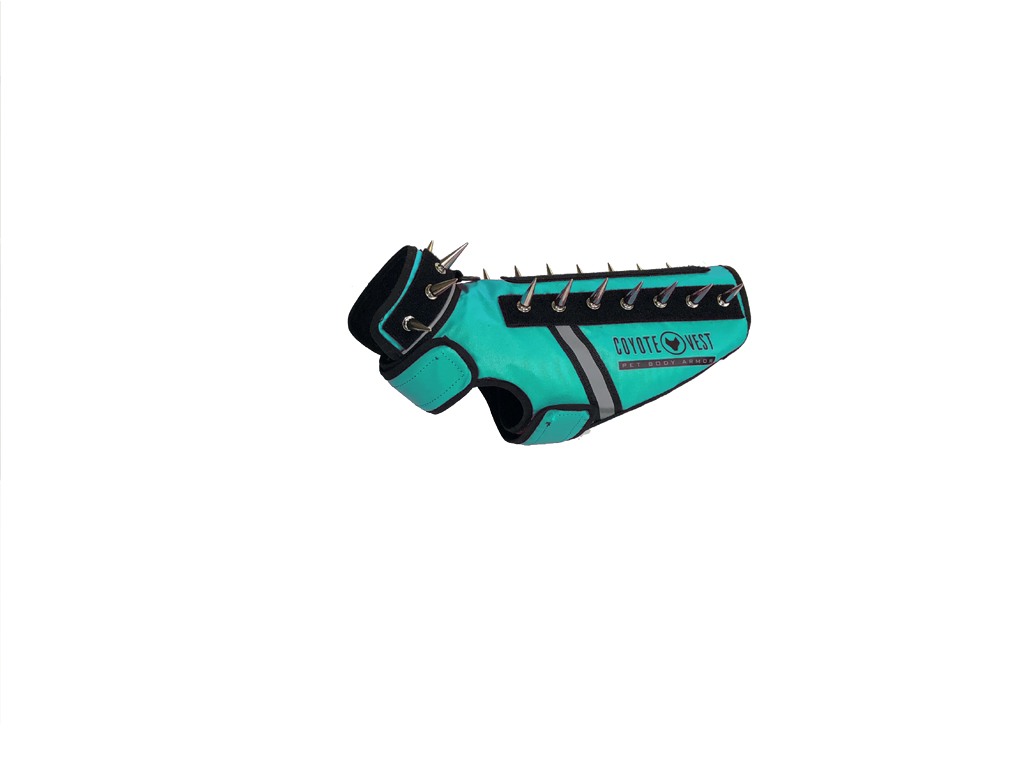 SpikeVest spiked vest with black side panels, teal body, and metal spike row on top
