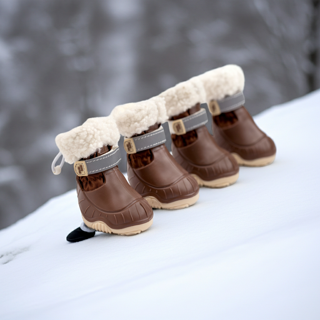 Brown dog snow boots with gray straps and cream sherpa lining