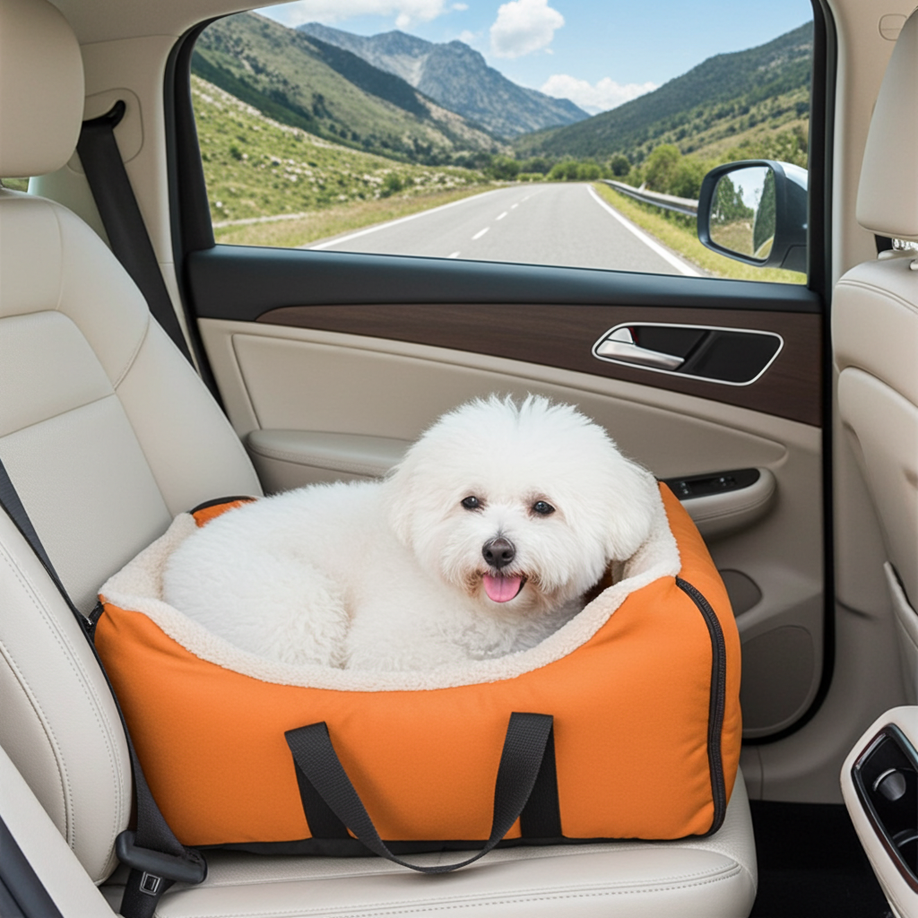 Orange pet car seat bed with straps, supporting a small white dog on car seat