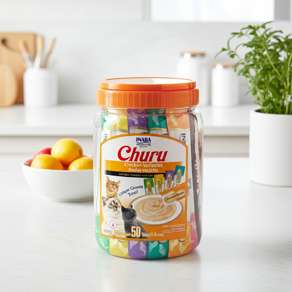 Cat treat jar with orange lid, Churu label, 50 count pack, assorted flavors