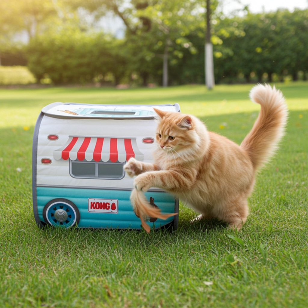 Cat pop-up camper toy: blue body, gray front, red striped awning