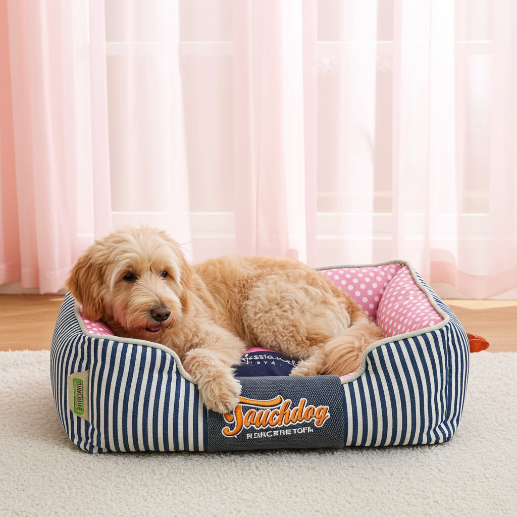 Rectangular striped dog bed with plush bolster and pink polka accents