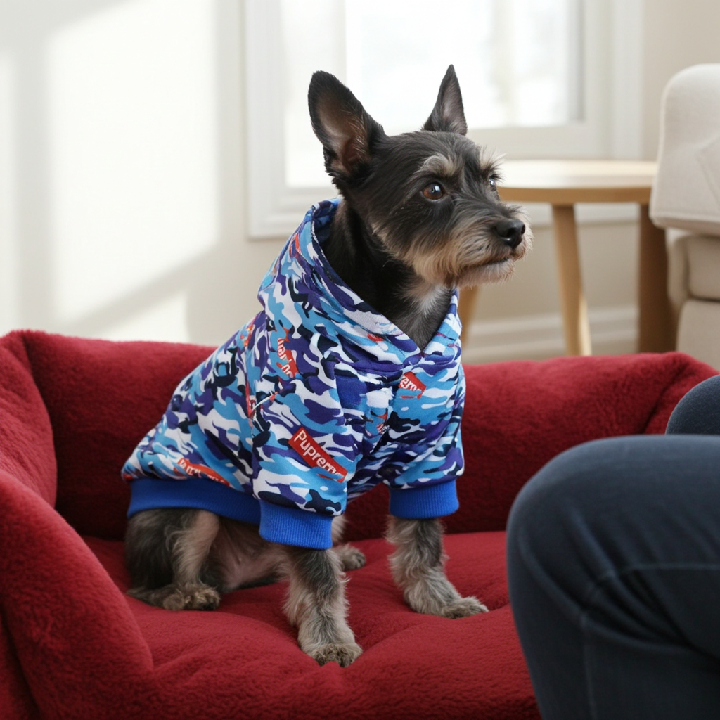 Blue camouflage dog hoodie with pullover hood and Supreme logo patch, worn by small dog