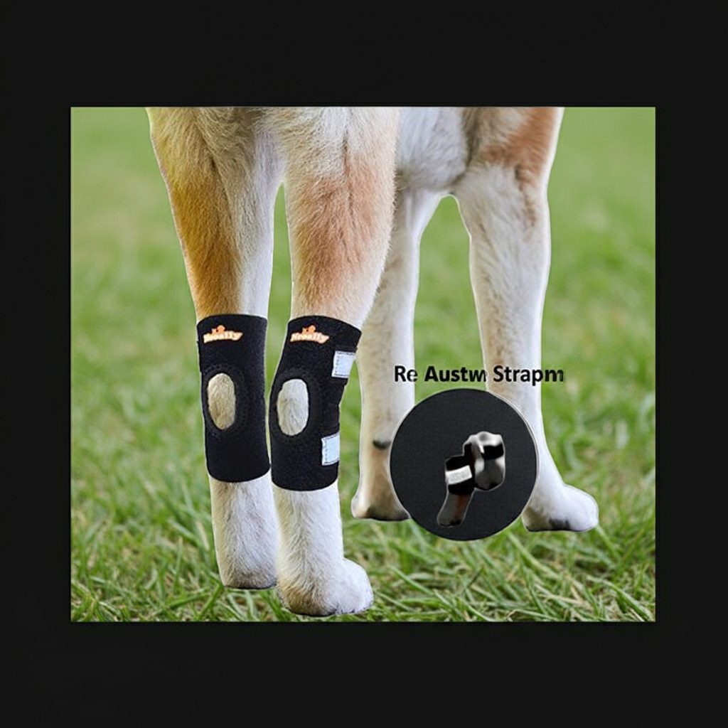 Dog rear leg hock braces, black fabric with reflective strap details for small dogs