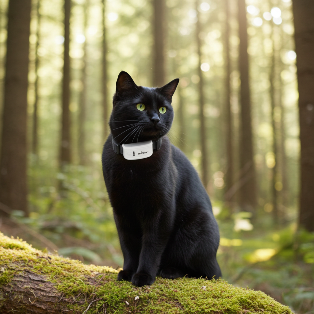 Cat GPS tracker collar device on a black cat, white tracker module at the neck
