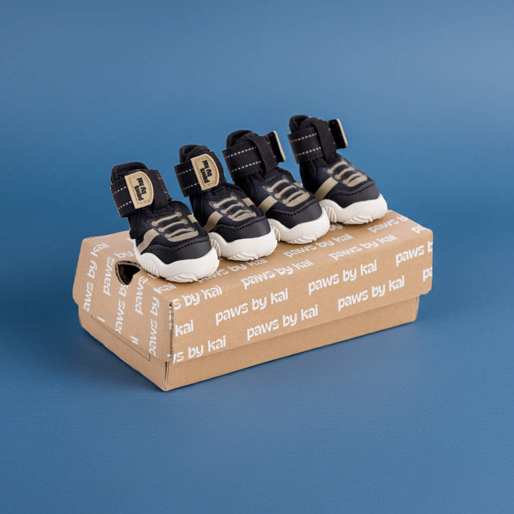 Kai- Dog sneaker set in black with Velcro straps and white soles on a box