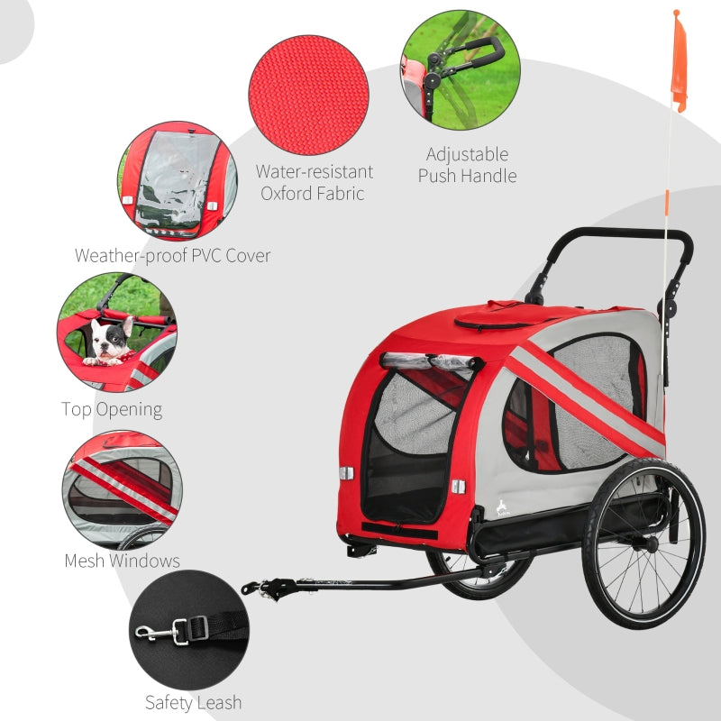 Red pet bike trailer stroller with mesh windows and safety leash