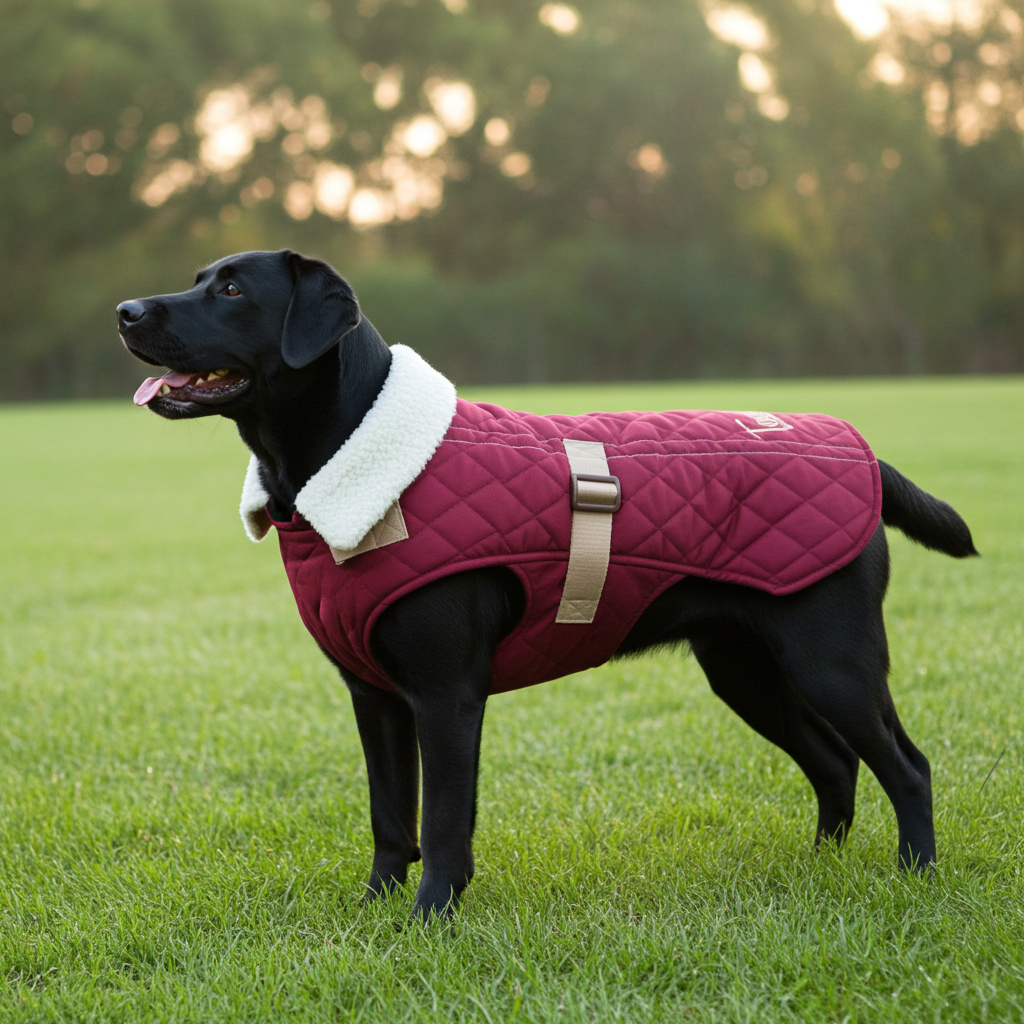Sherpa-lined quilted dog coat in dark pink with cream fleece collar and chest strap