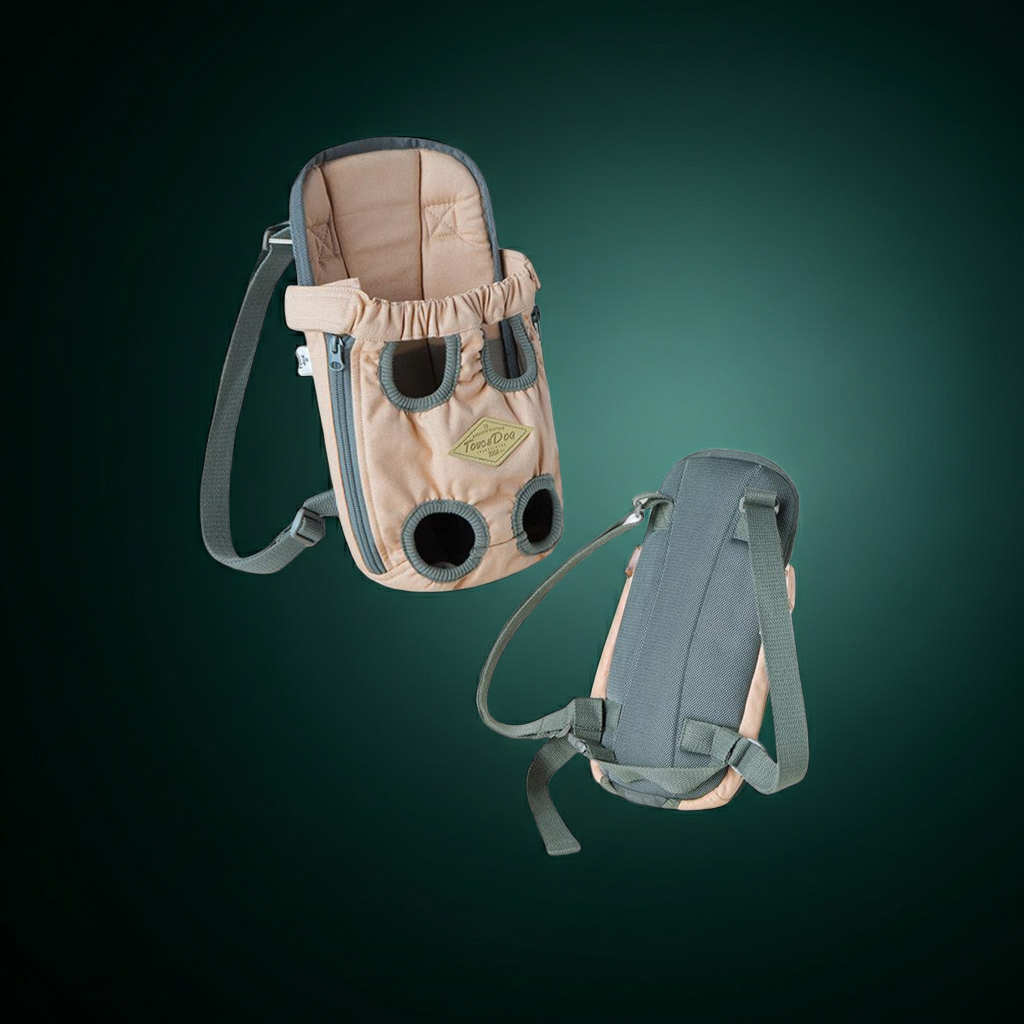 Fashion designer dog carrier Wiggle-Sack with front and backpack straps, light beige and gray