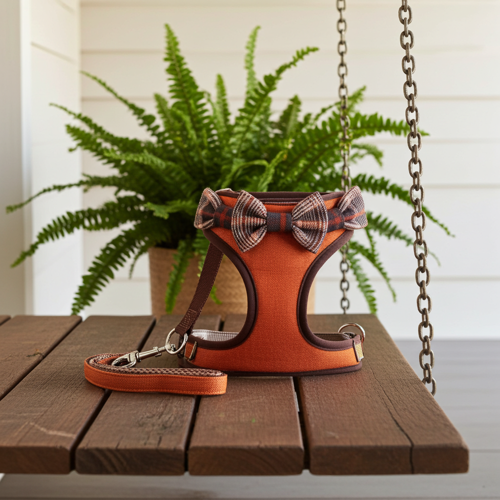 Burnt orange dog harness with plaid bow and attached leash straps, metal clips