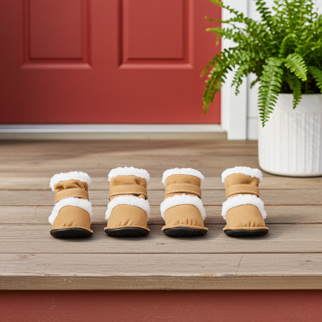 Set of 4 insulated dog booties, tan with white fuzzy lining and brown strap trim