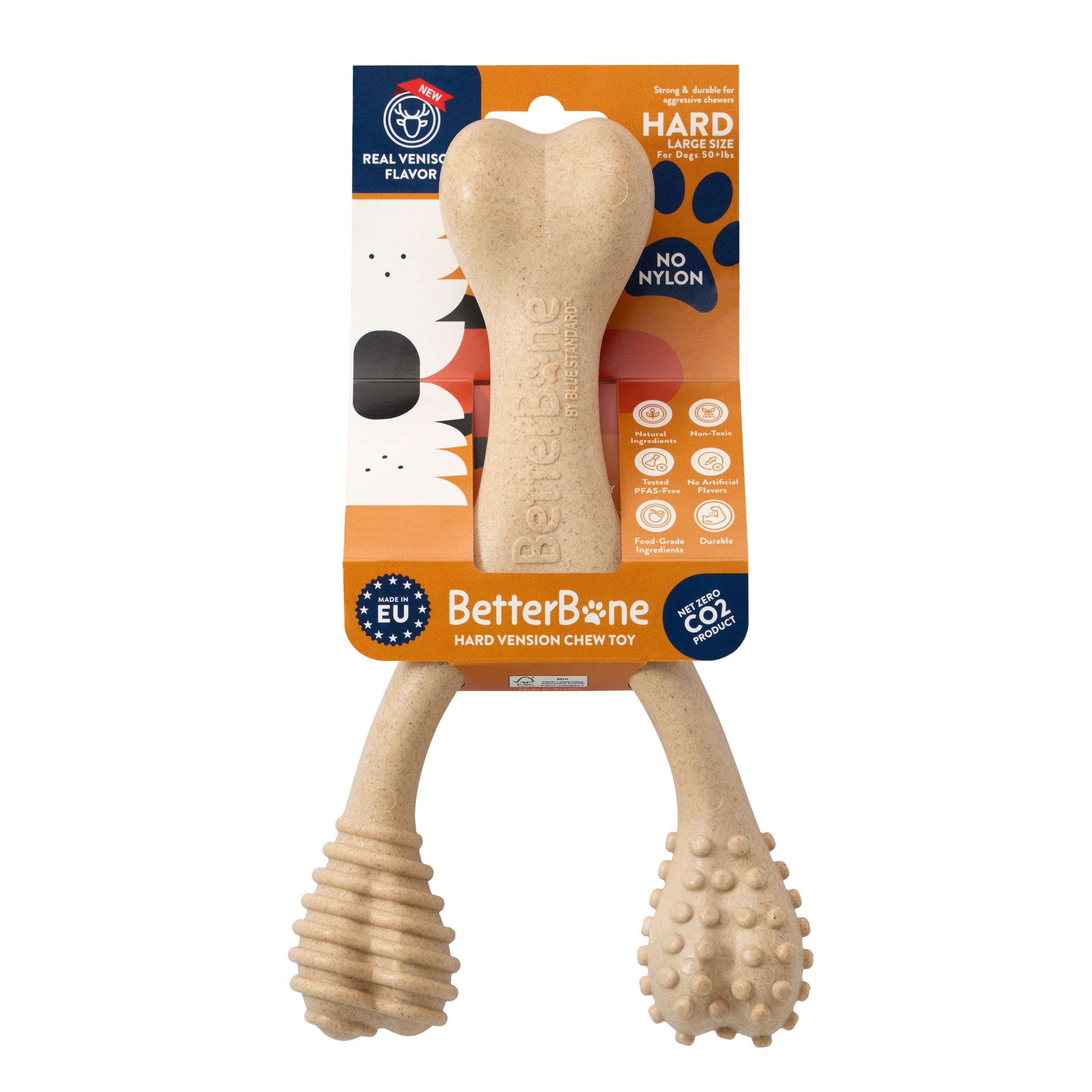 Beige hard dog chew toy bone with ridged handle and textured end
