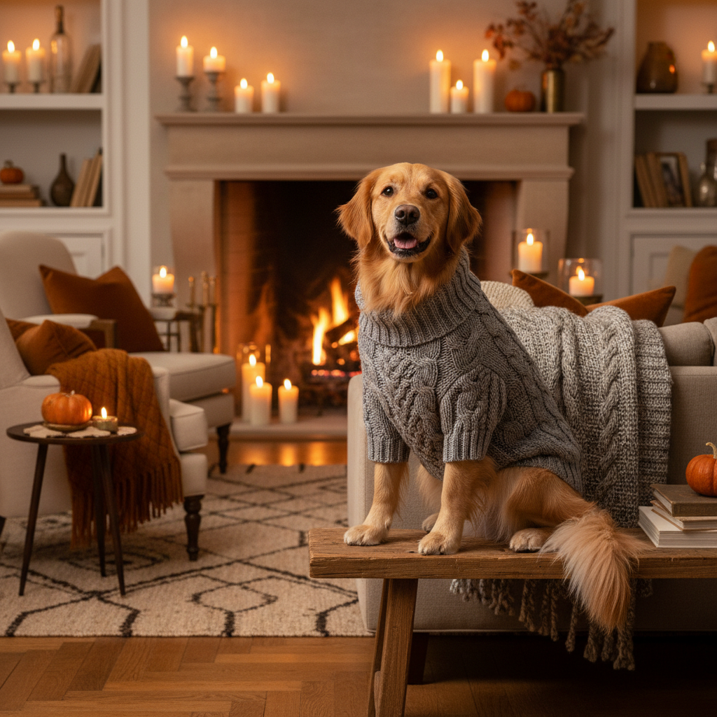 Grey cable-knit turtleneck pet sweater with textured knit pattern