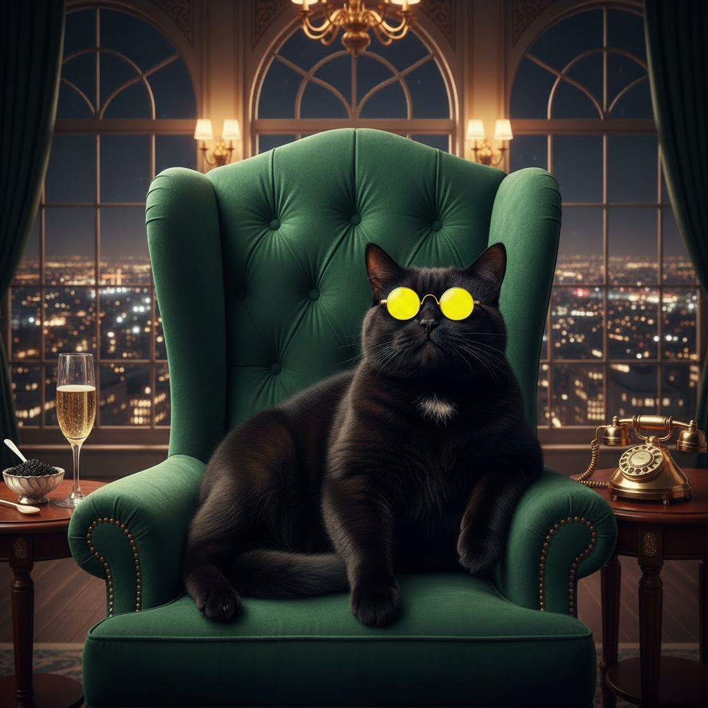Cat wearing round pet sunglasses with yellow lenses and metal frame