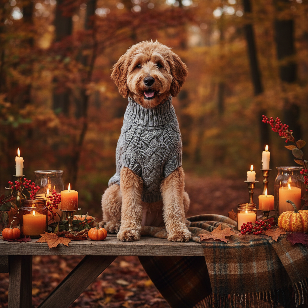 Grey cable-knit turtleneck pet sweater on a seated dog