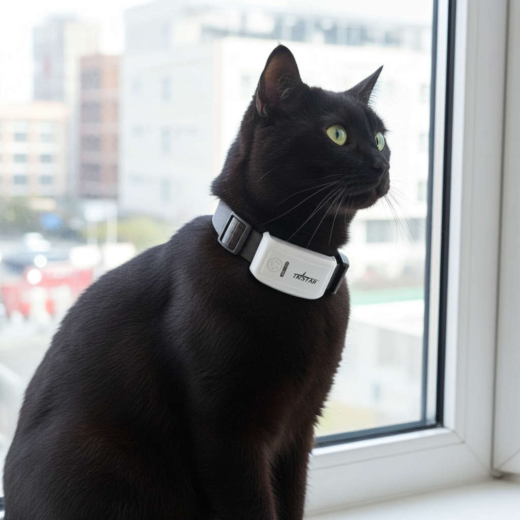 Waterproof GPS pet locator collar with rectangular tracker, worn on a black cat.