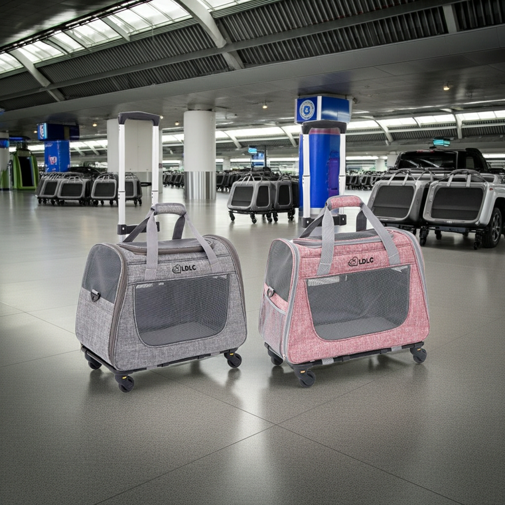 Set of gray and pink rolling pet carriers with front mesh windows and handles