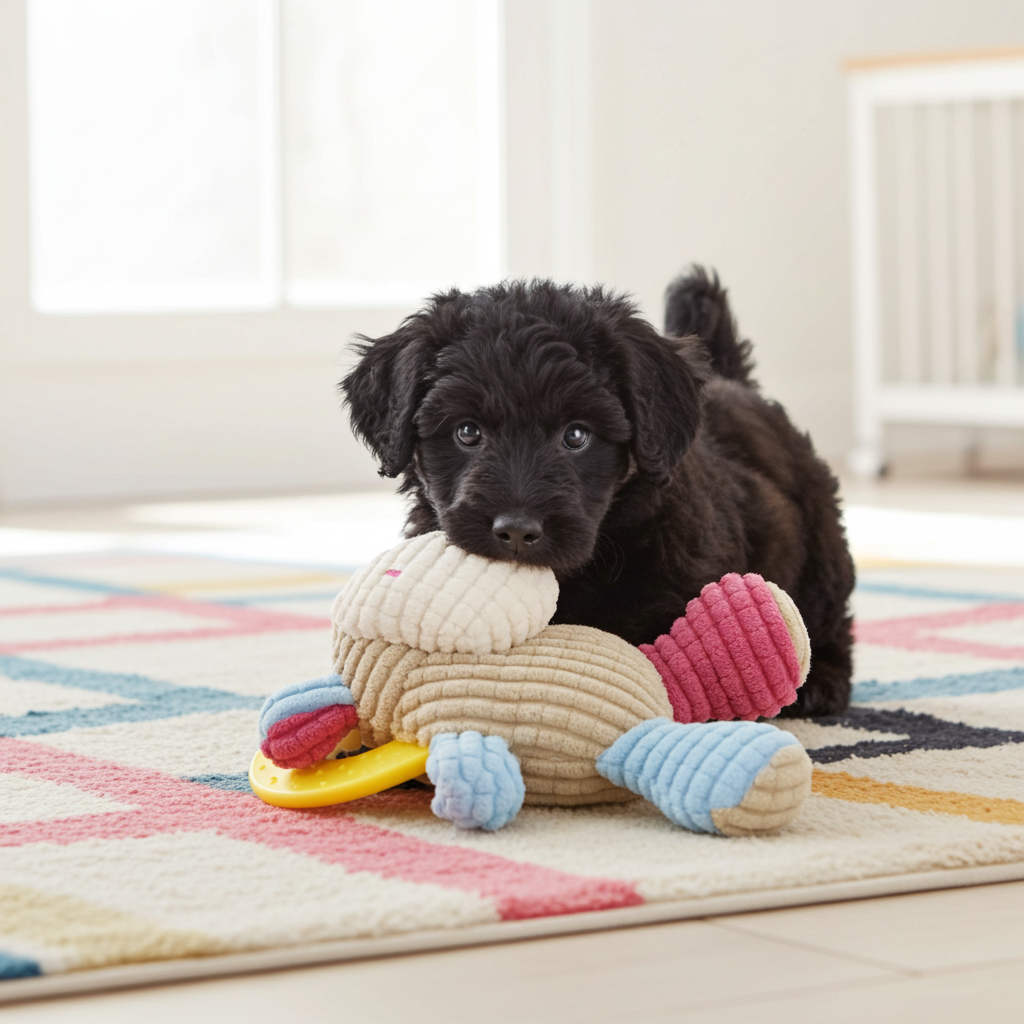 Plush teething puppy toy with cream body, blue and pink rubber parts, squeaker