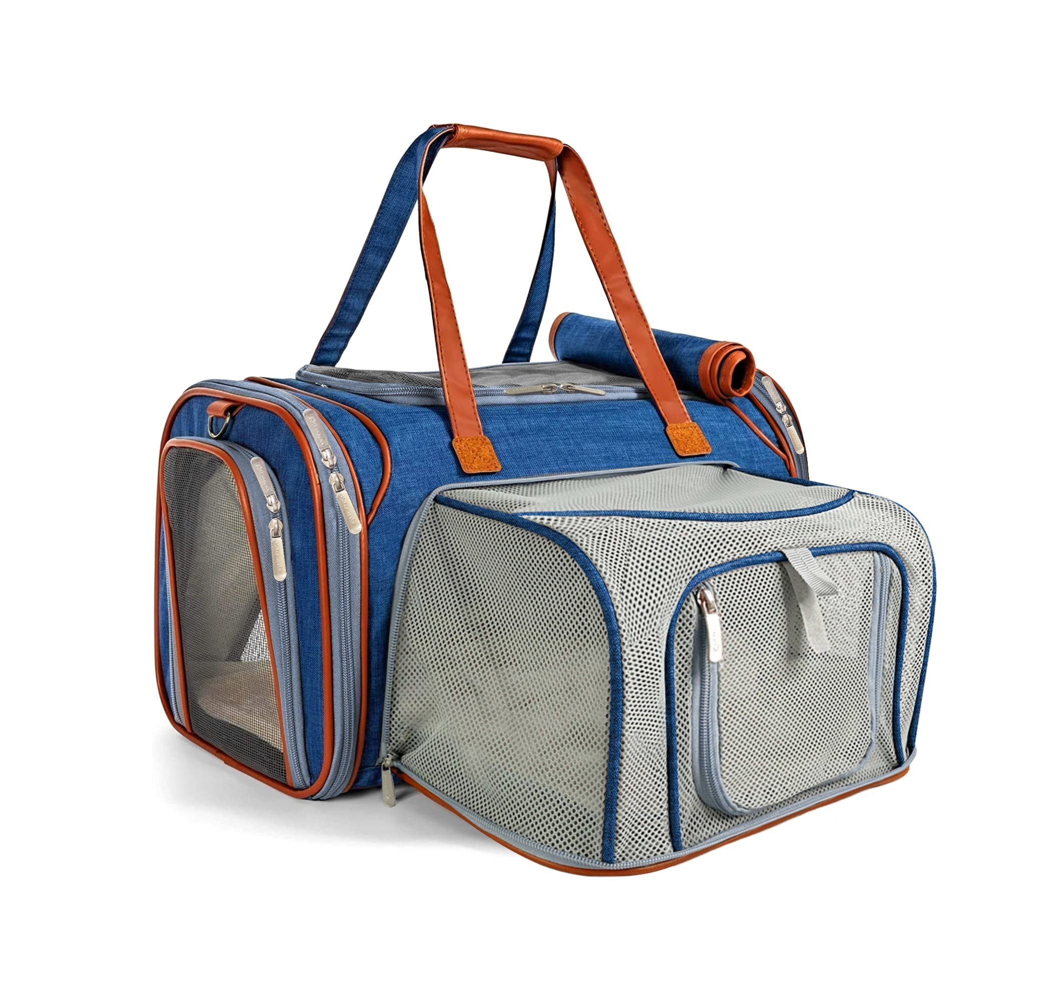 Blue mini pet carrier with expandable front mesh and orange trim, dual carry handles