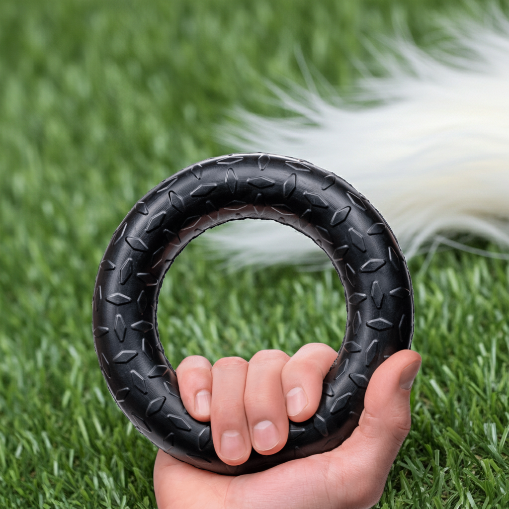 Black chew ring with textured tread pattern