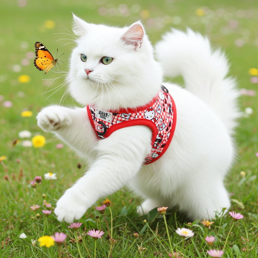 Red and white cat step-in harness with Hello Kitty® graphic