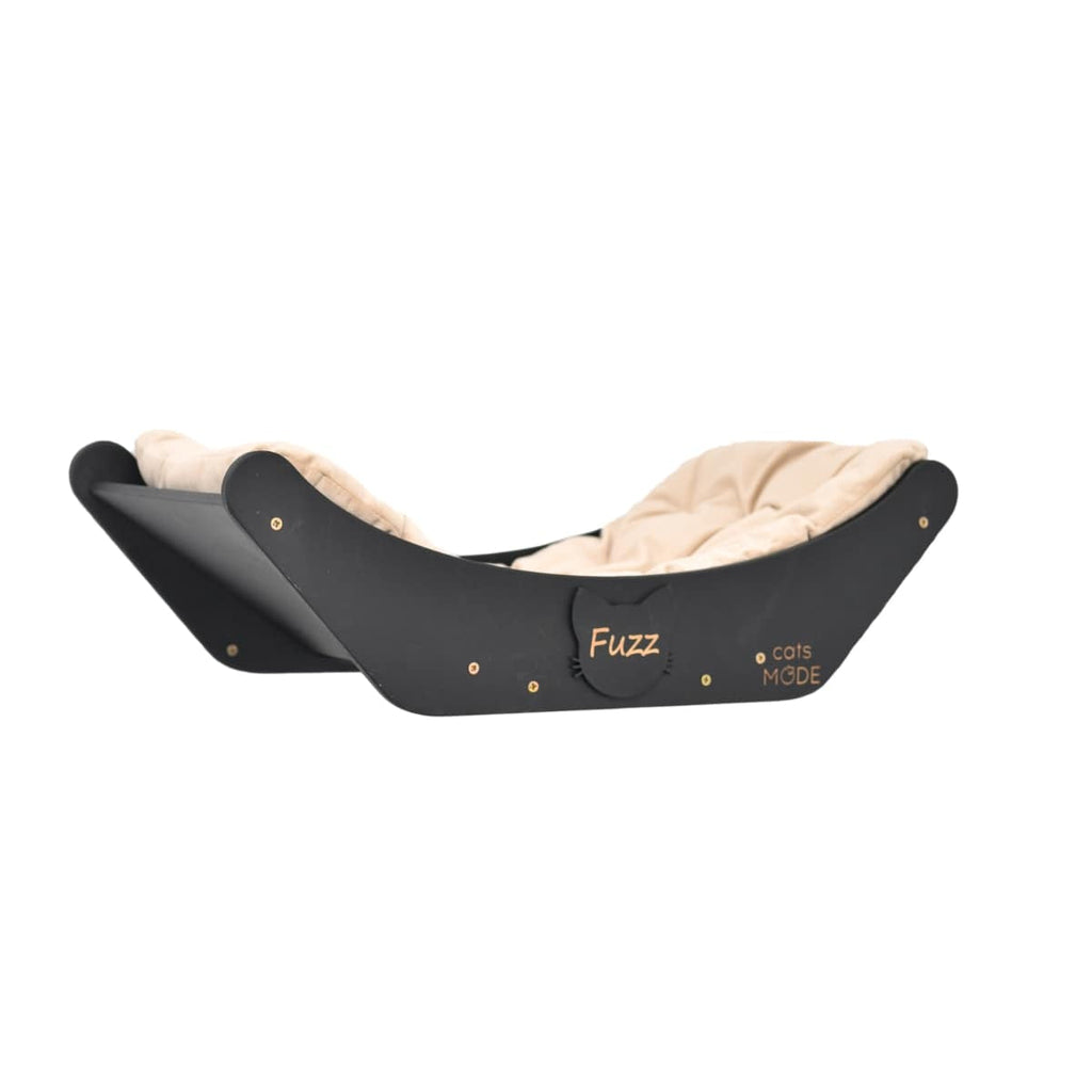 Black wall-mounted cat bed with beige cushion and 'Fuzz' front badge
