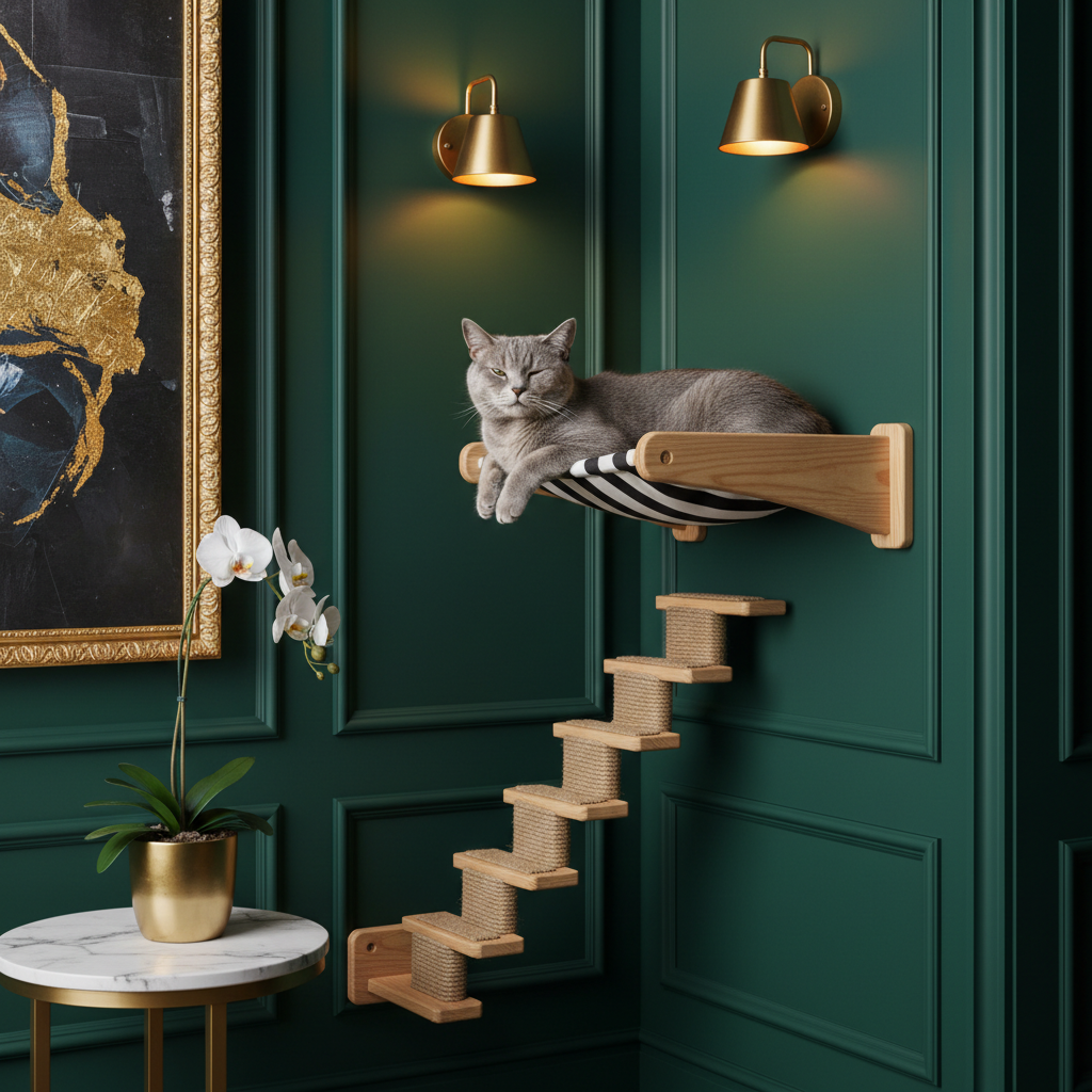 Wall-mounted cat scratcher hammock with sisal-wrapped posts and steps for climbing